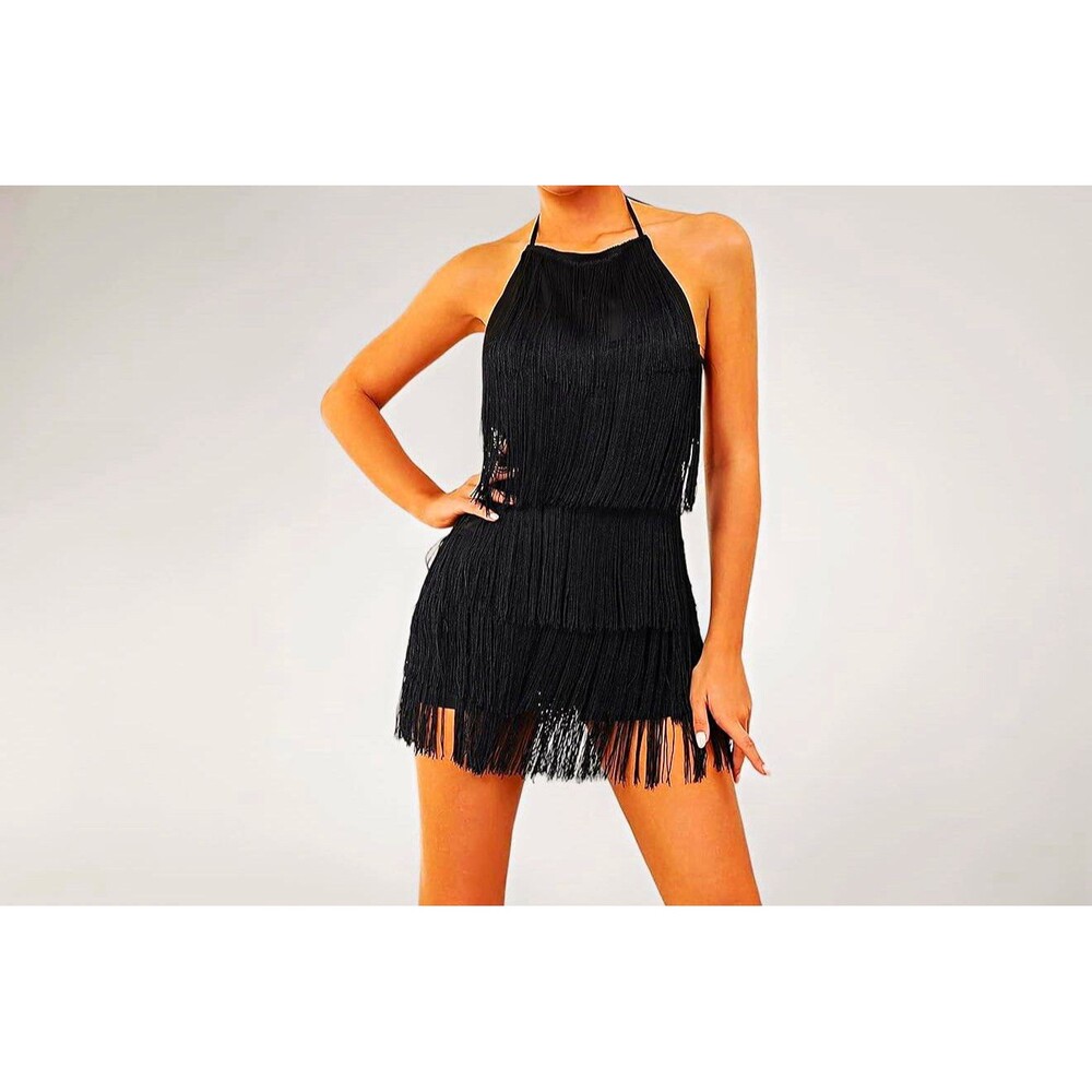 Women’s Black Halter Backless Fringe Mini Dress Tie Straps Stretch Sz M